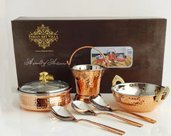 Handcrafted Pure Steel Copper 7 Pieces Hammered Design Dinner Set, Tableware, Serveware