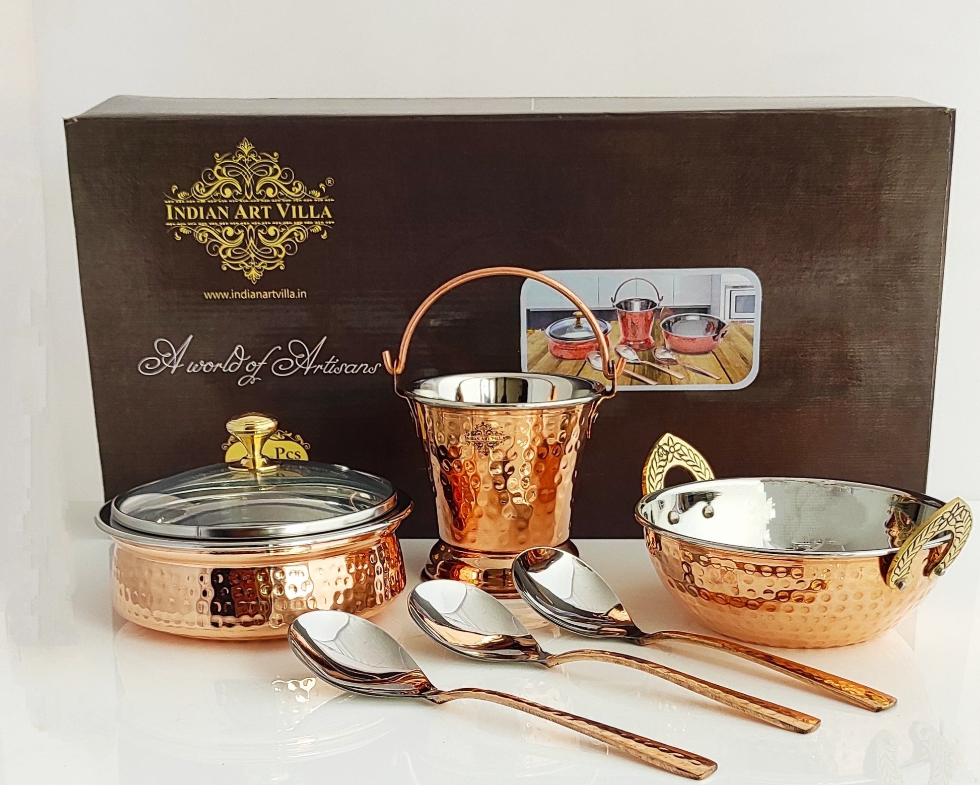 Handcrafted Pure Steel Copper 7 Pieces Hammered Design Dinner Set, Tableware, Serveware