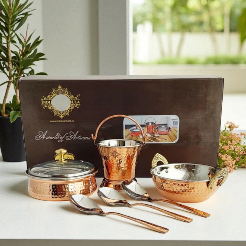 Handcrafted Pure Steel Copper 7 Pieces Hammered Design Dinner Set, Tableware, Serveware