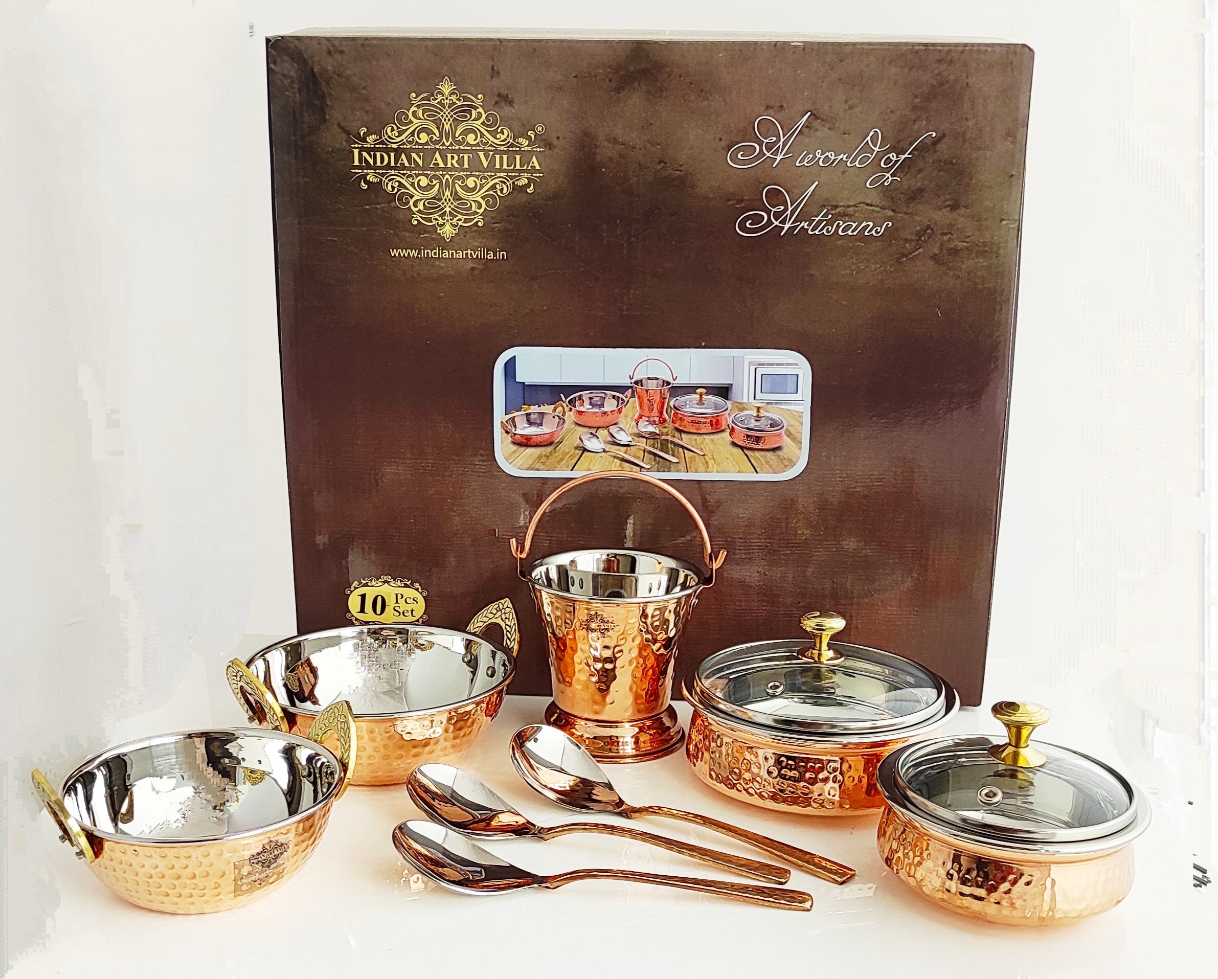 Handcrafted Pure Steel Copper 7 Pieces Hammered Design Dinner Set, Tableware, Serveware