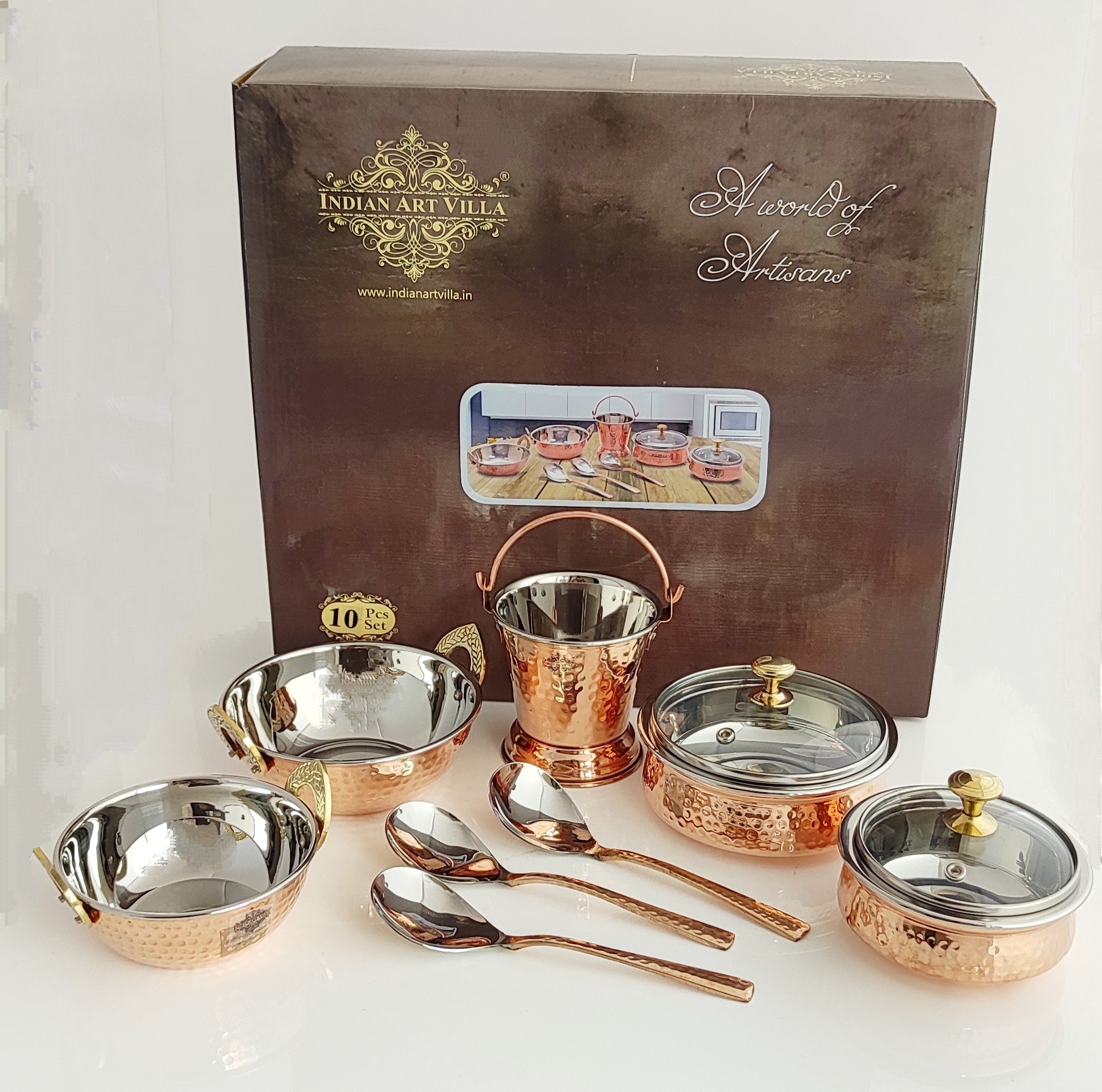 Handcrafted Pure Steel Copper 7 Pieces Hammered Design Dinner Set, Tableware, Serveware