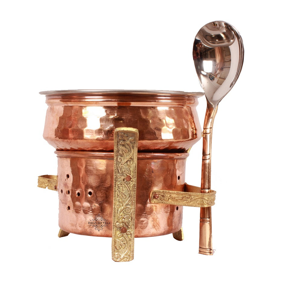 Kitchen Set of Copper Sigri with Brass Stand, Steel Copper Handi, with Serving Spoon - Food Warmer, Serving Vegetables, Dishes, Curry - Home, Hotel, Restaurants