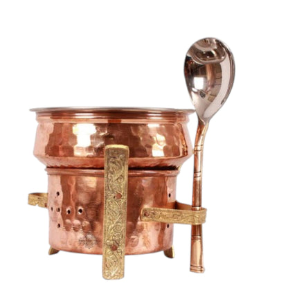 Kitchen Set of Copper Sigri with Brass Stand, Steel Copper Handi, with Serving Spoon - Food Warmer, Serving Vegetables, Dishes, Curry - Home, Hotel, Restaurants