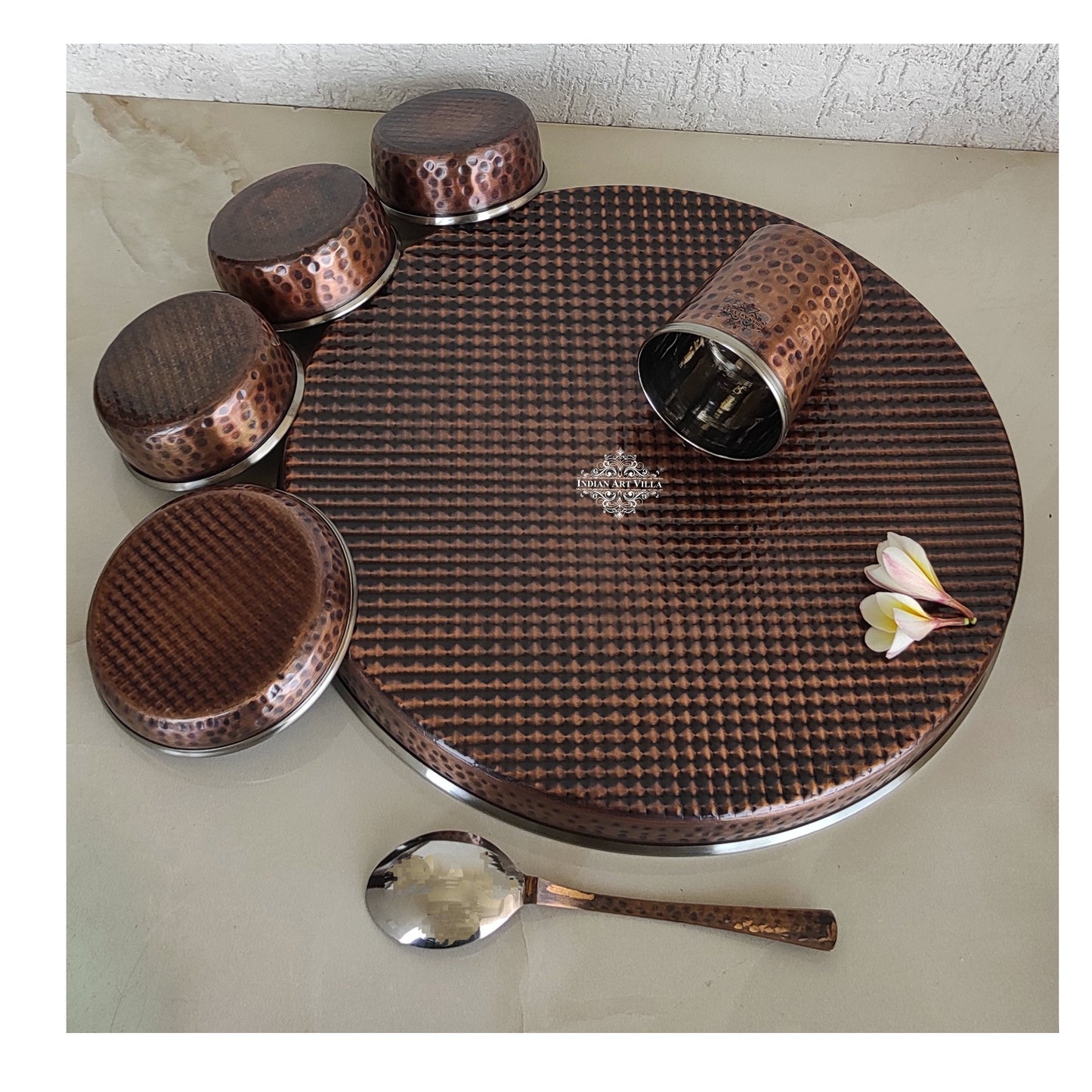 Steel Copper Dinner Set With Antique Hammered Design