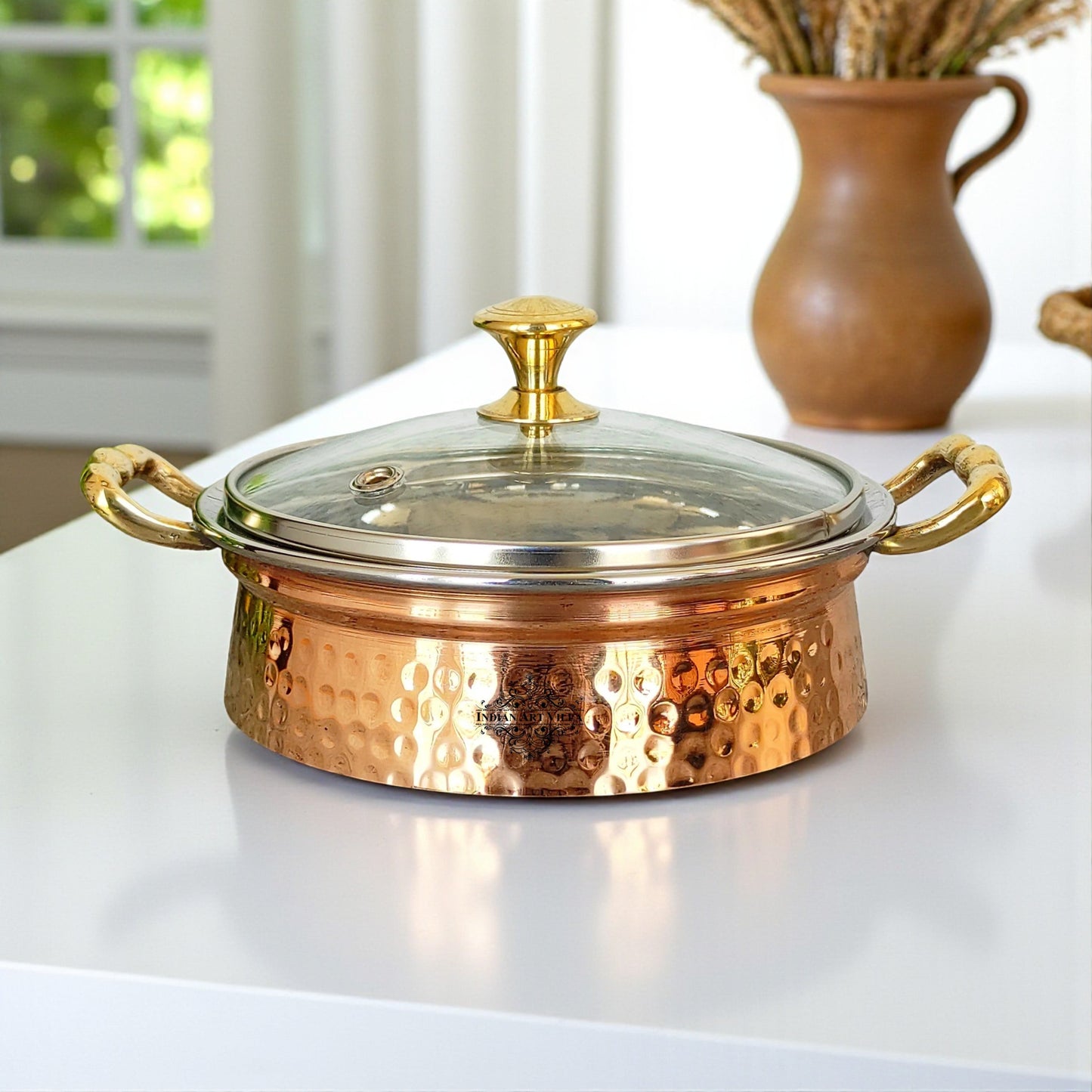 Steel Copper Handi/Casserole Bowl With Induction Bottom & Brass Knob and Handle, Cookware, Serveware, Tableware, Dinnerware