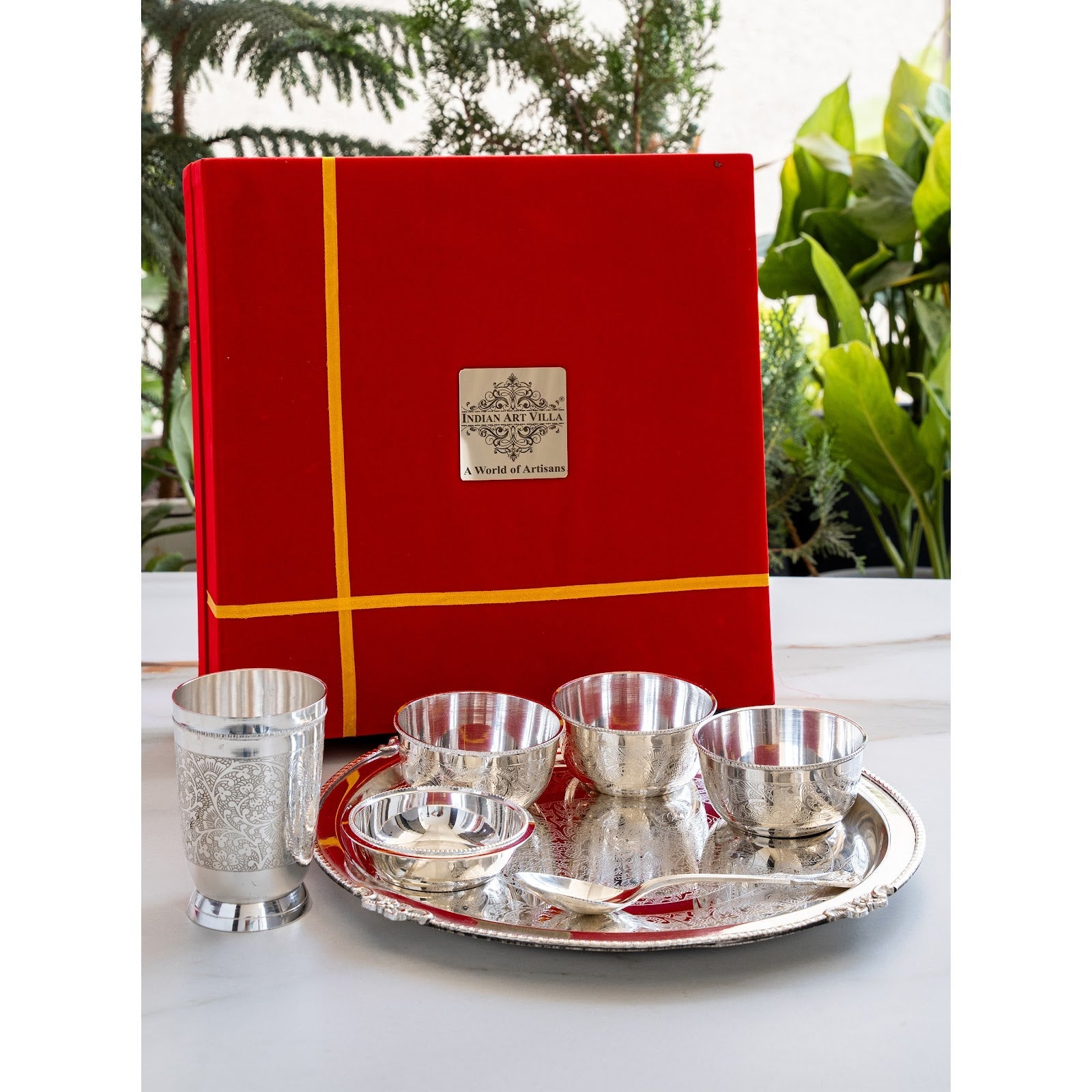 Handcrafted Pure Silver Plated Embossed Design Dinner Set 7 Pieces