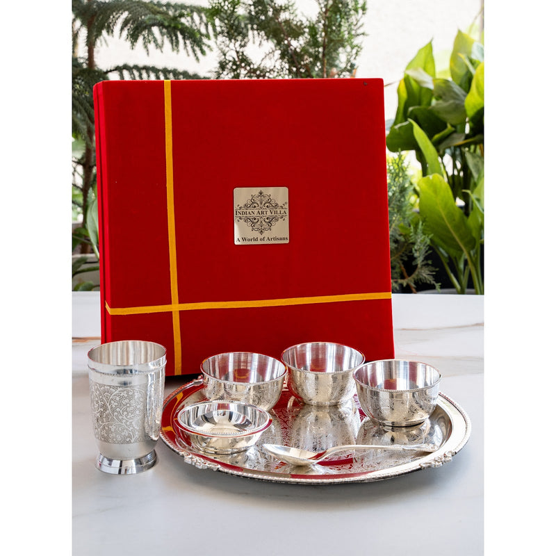 Handcrafted Pure Silver Plated Embossed Design Dinner Set 7 Pieces