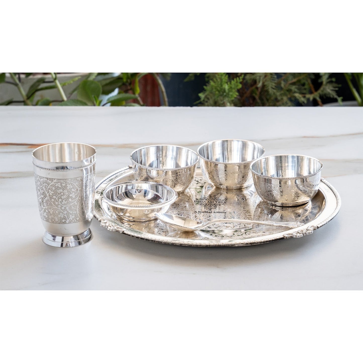 Handcrafted Pure Silver Plated Embossed Design Dinner Set 7 Pieces