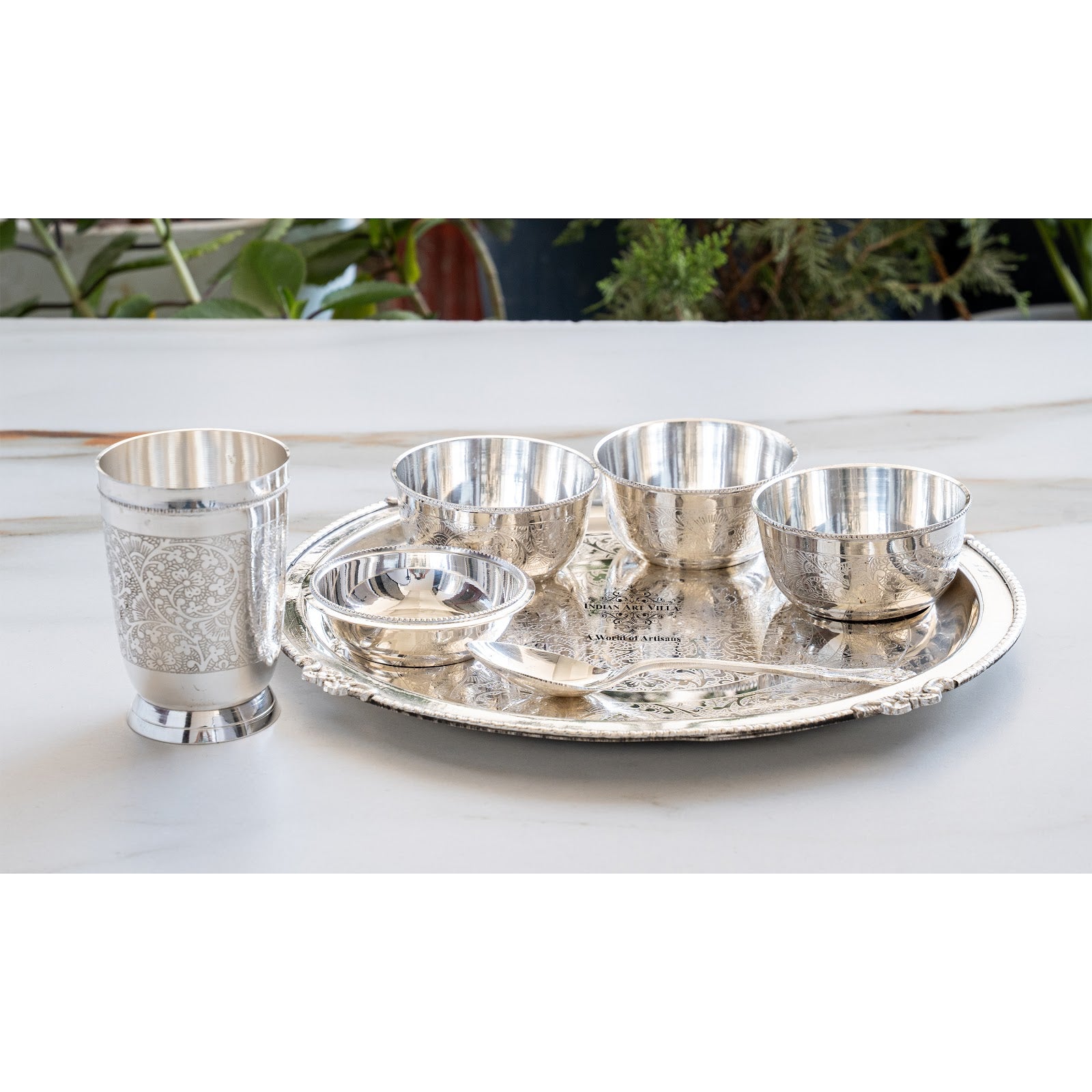 Handcrafted Pure Silver Plated Embossed Design Dinner Set 7 Pieces