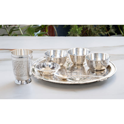 Handcrafted Pure Silver Plated Embossed Design Dinner Set 7 Pieces