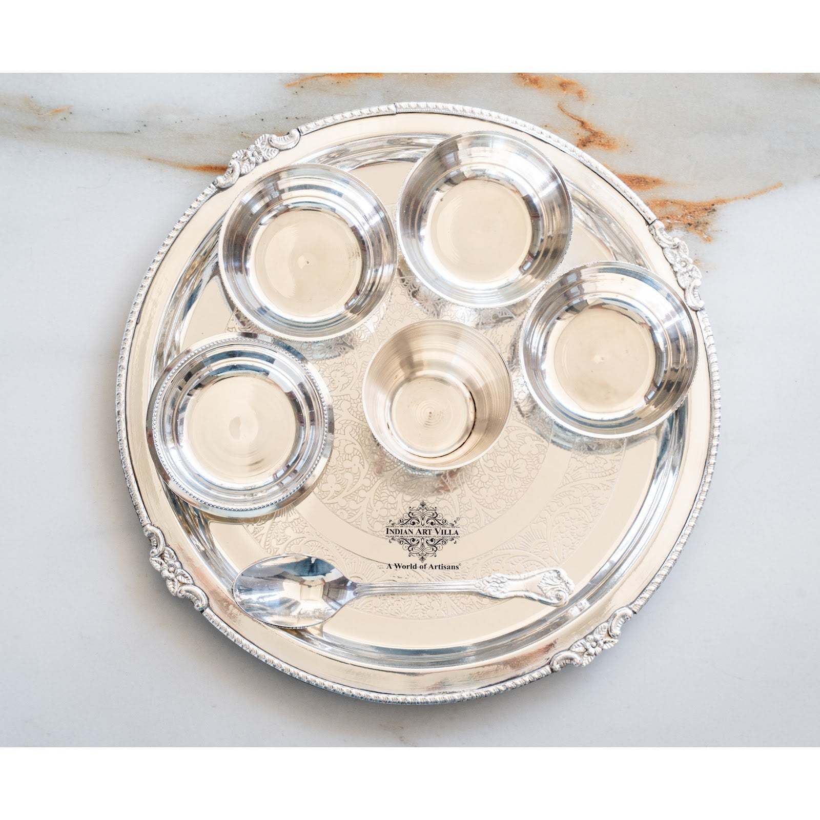 Handcrafted Pure Silver Plated Embossed Design Dinner Set 7 Pieces