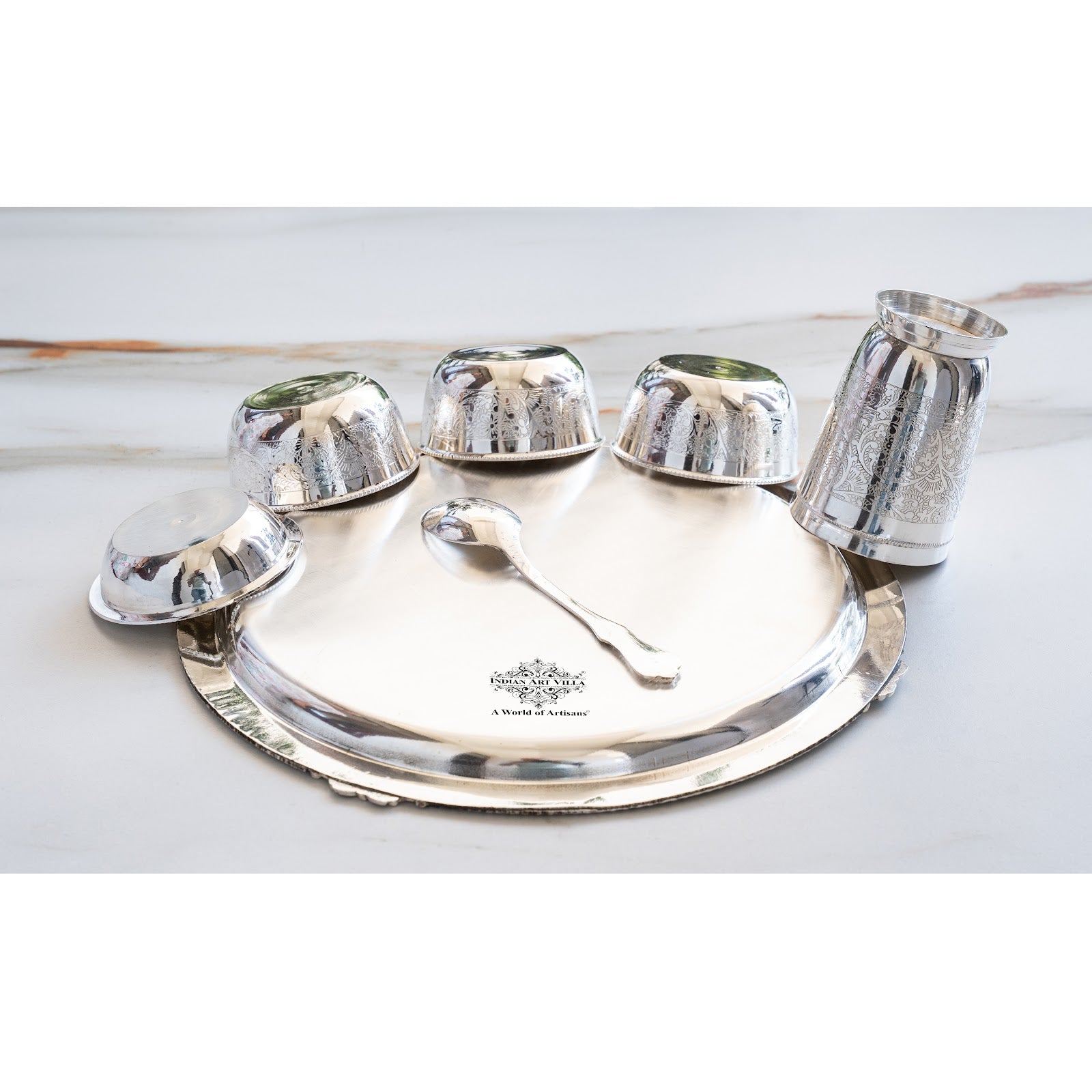 Handcrafted Pure Silver Plated Embossed Design Dinner Set 7 Pieces