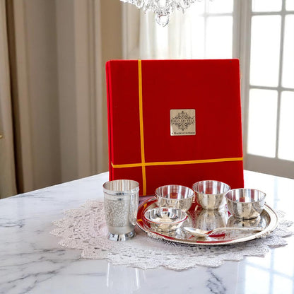 Handcrafted Pure Silver Plated Embossed Design Dinner Set 7 Pieces