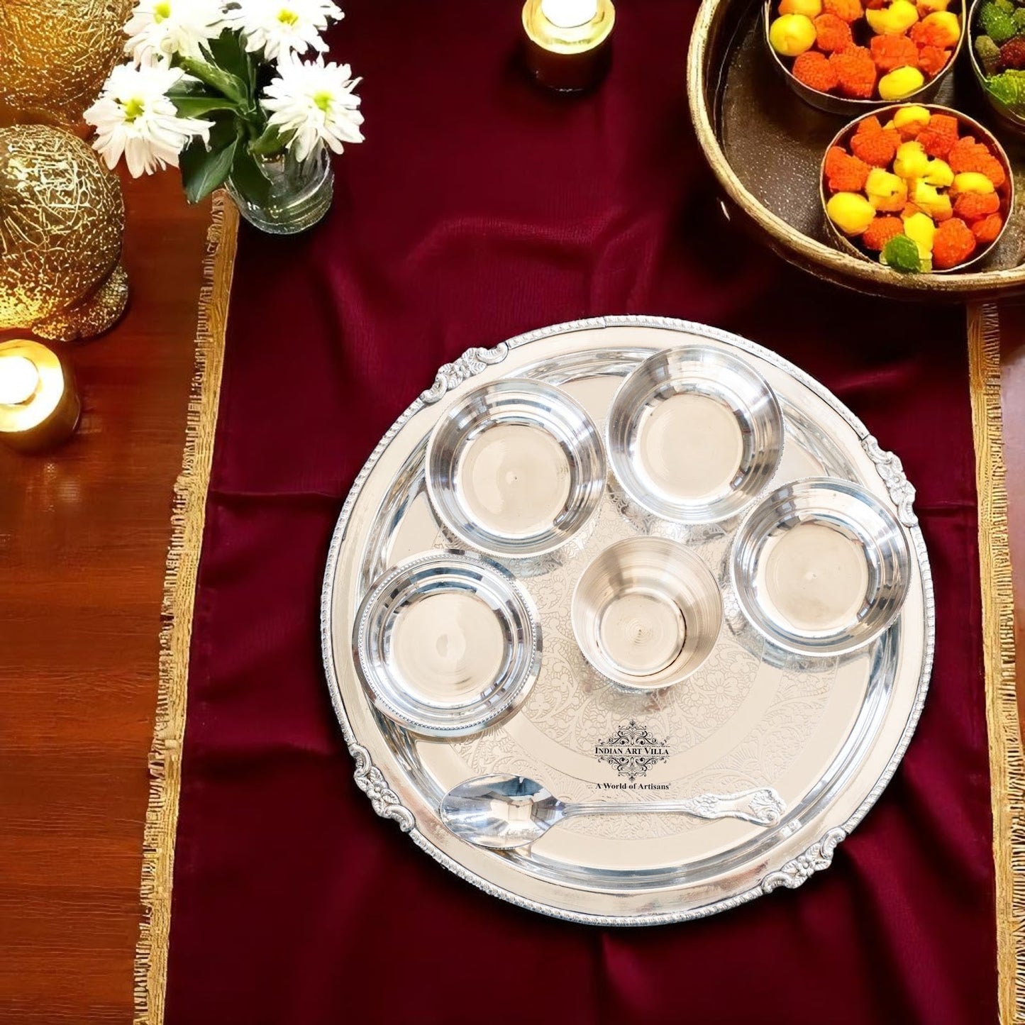 Handcrafted Pure Silver Plated Embossed Design Dinner Set 7 Pieces