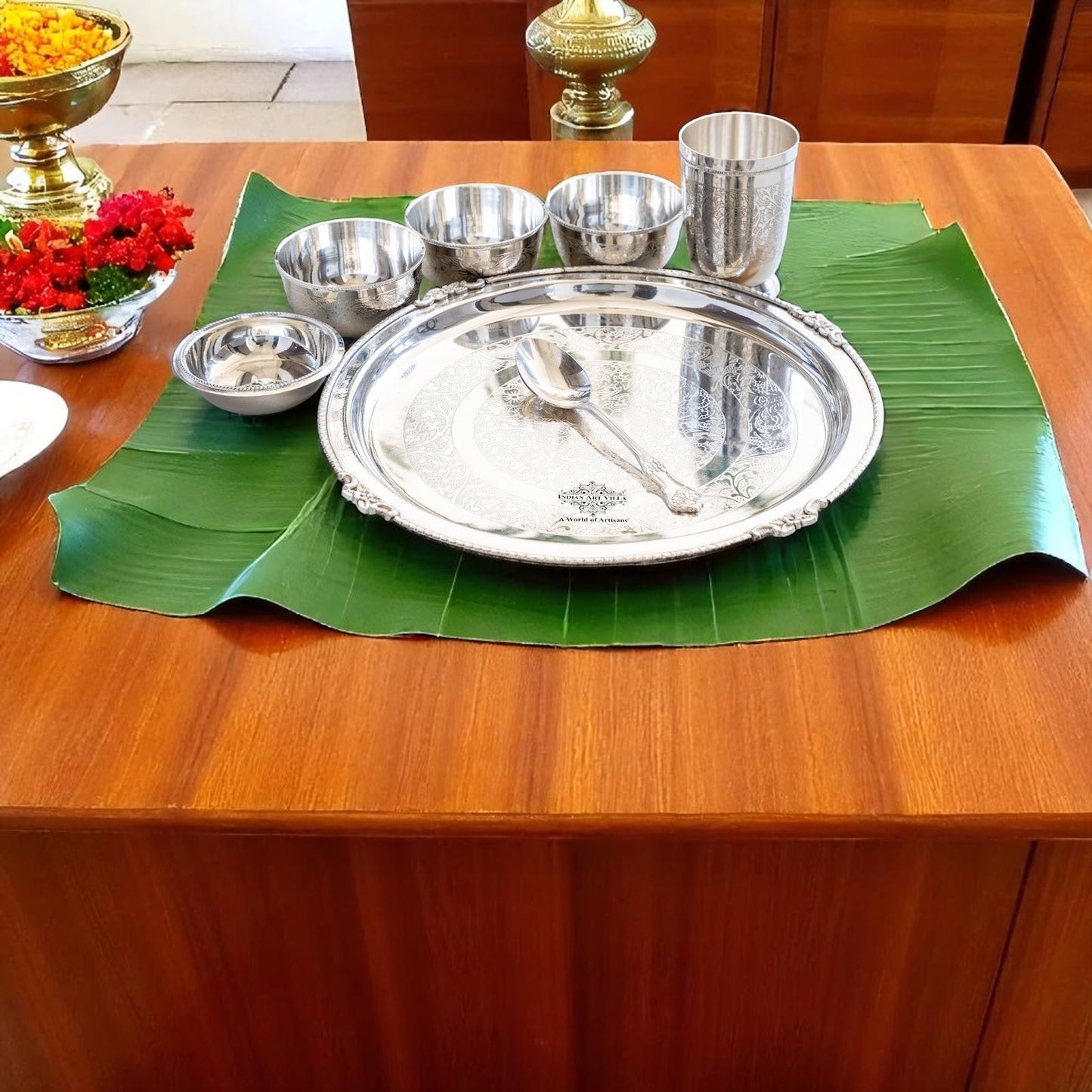 Handcrafted Pure Silver Plated Embossed Design Dinner Set 7 Pieces