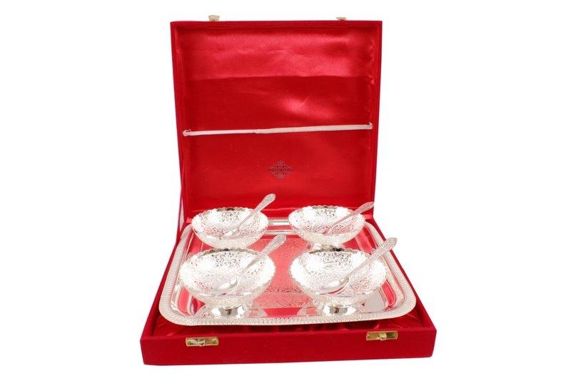 Silver Plated Designer Set of 4 Bowl 4 Spoon 1 Tray