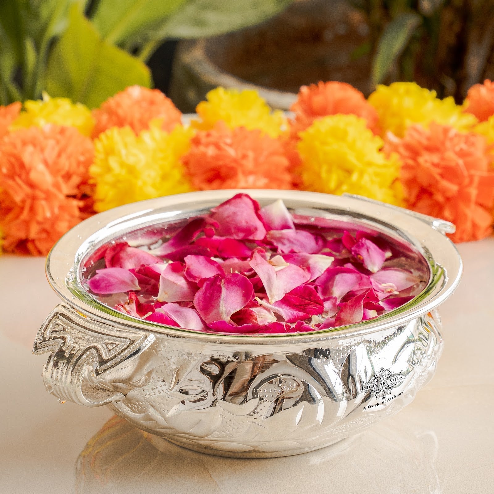 Silver Plated Urli With Both Side Handle - Elegant Home Decor Item - 15.75cm