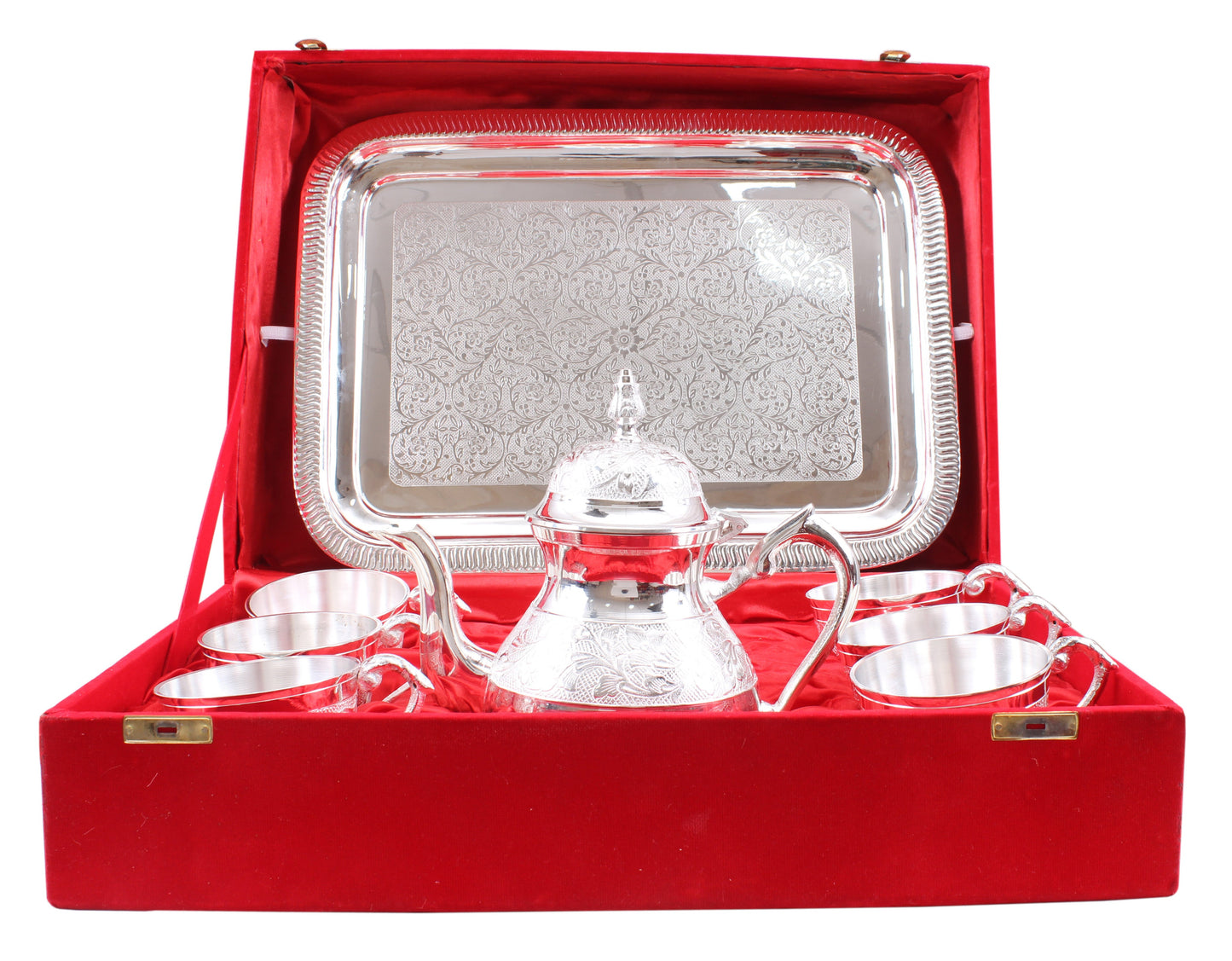 Handmade Pure Silver Plated Floral Design 1 Tea Pot with 6 Cups & 1 Tray