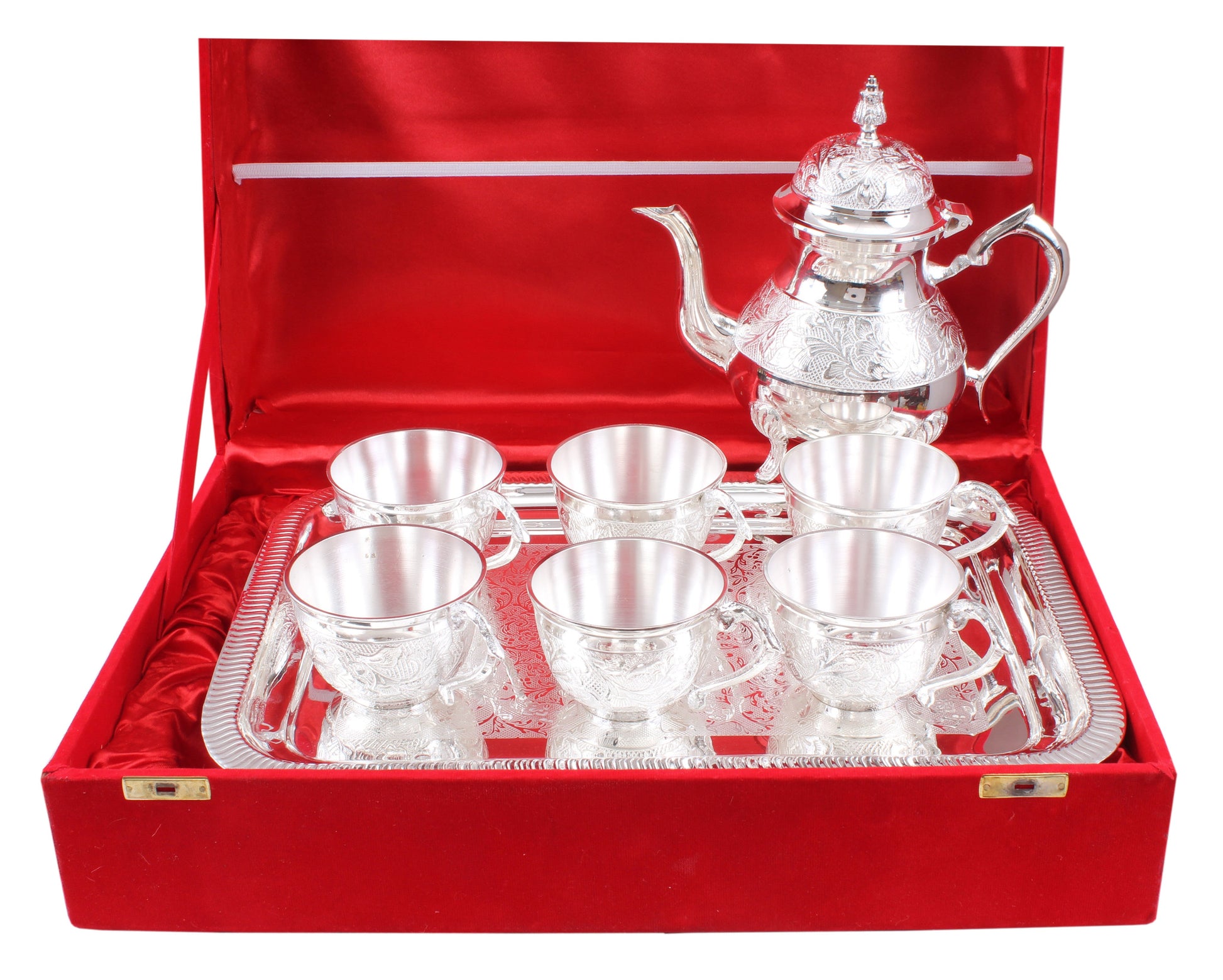 Handmade Pure Silver Plated Floral Design 1 Tea Pot with 6 Cups & 1 Tray