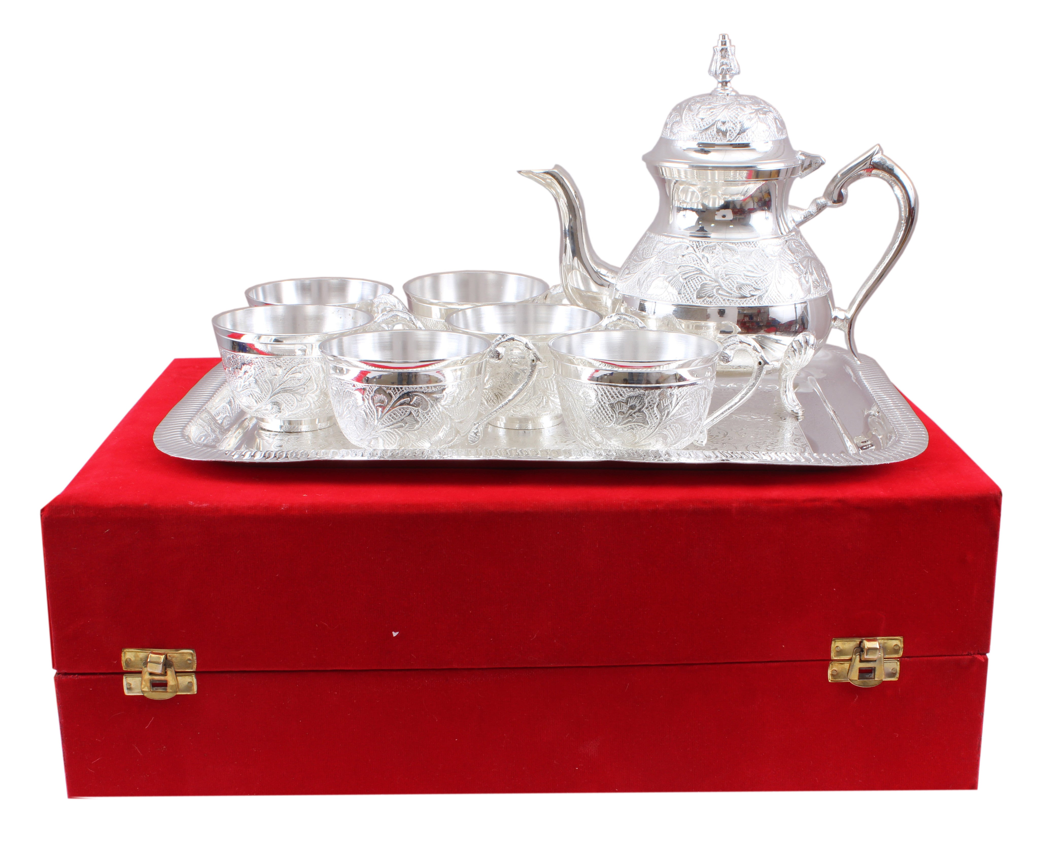 Handmade Pure Silver Plated Floral Design 1 Tea Pot with 6 Cups & 1 Tray