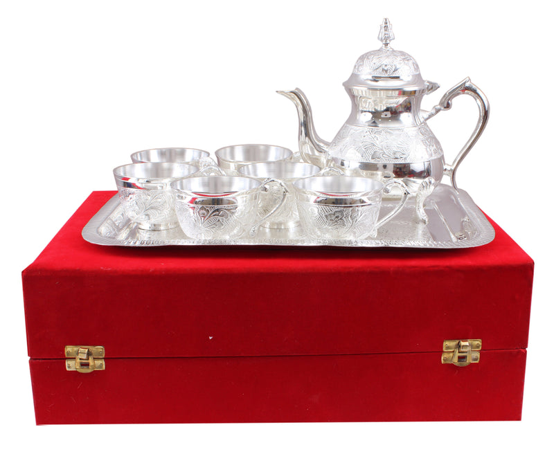 Handmade Pure Silver Plated Floral Design 1 Tea Pot with 6 Cups & 1 Tray