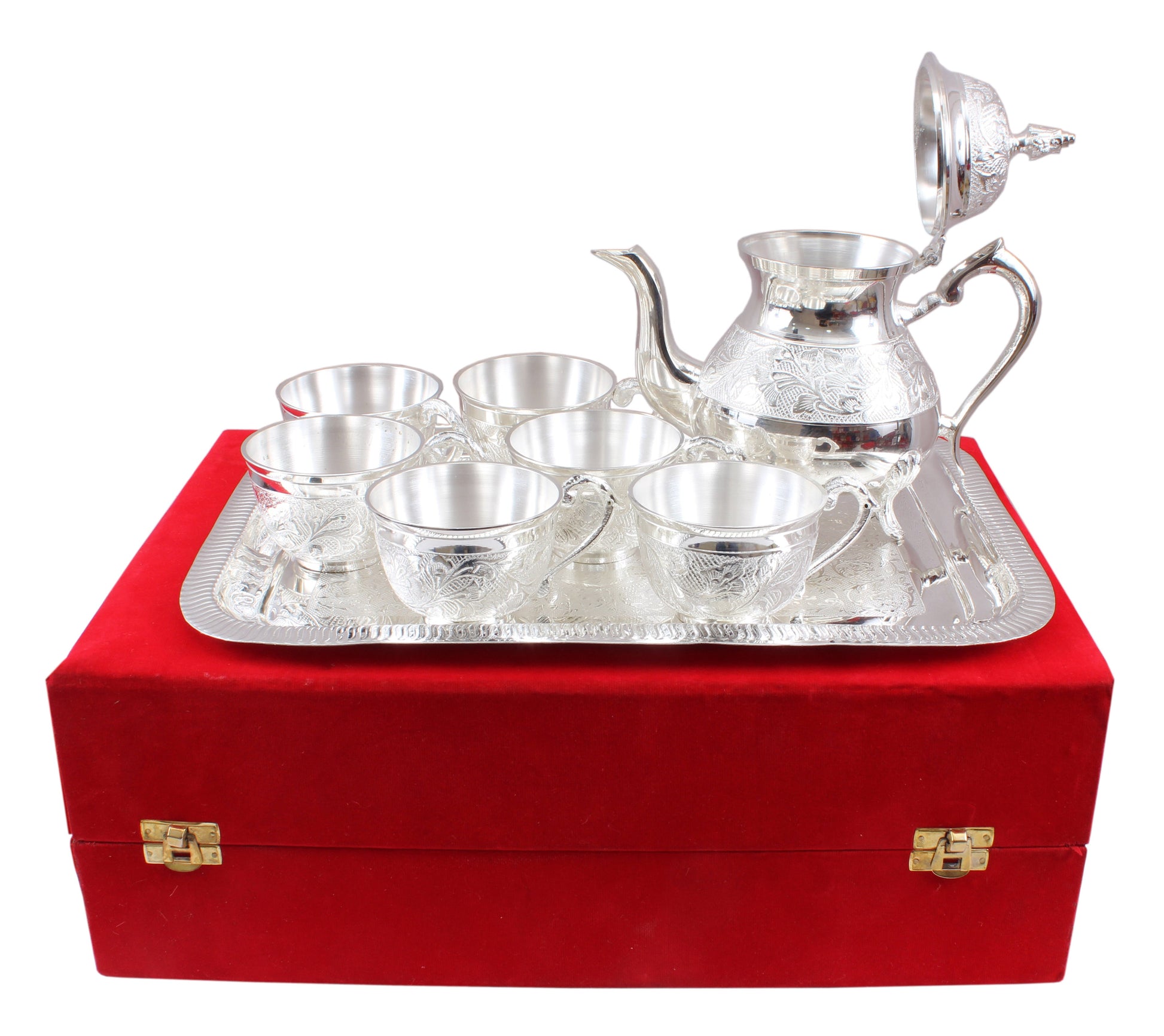 Handmade Pure Silver Plated Floral Design 1 Tea Pot with 6 Cups & 1 Tray