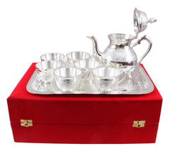 Handmade Pure Silver Plated Floral Design 1 Tea Pot with 6 Cups & 1 Tray