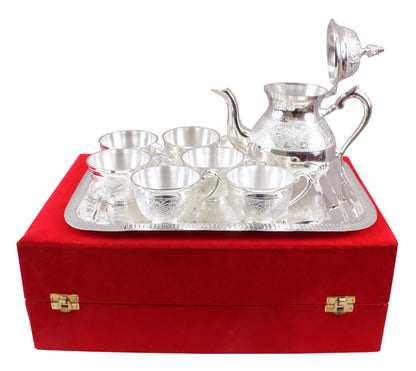 Handmade Pure Silver Plated Floral Design 1 Tea Pot with 6 Cups & 1 Tray