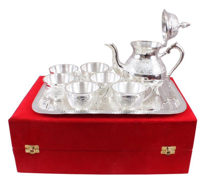 Handmade Pure Silver Plated Floral Design 1 Tea Pot with 6 Cups & 1 Tray