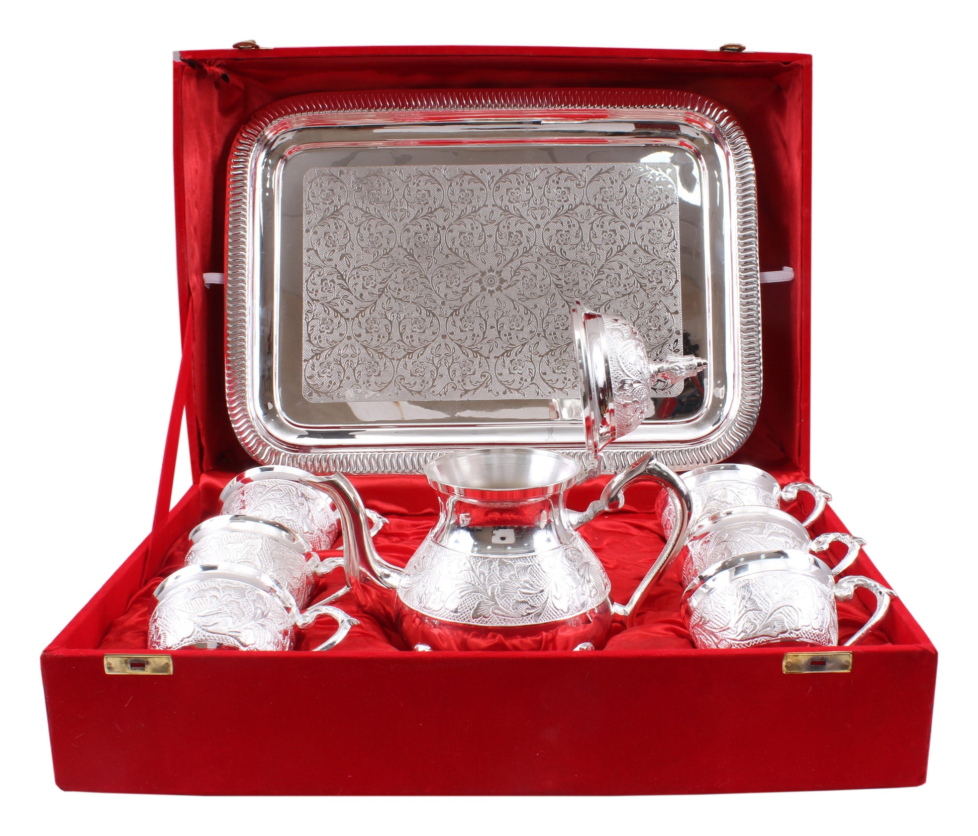 Handmade Pure Silver Plated Floral Design 1 Tea Pot with 6 Cups & 1 Tray