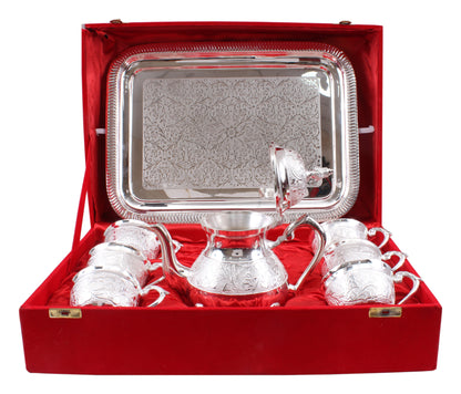 Handmade Pure Silver Plated Floral Design 1 Tea Pot with 6 Cups & 1 Tray