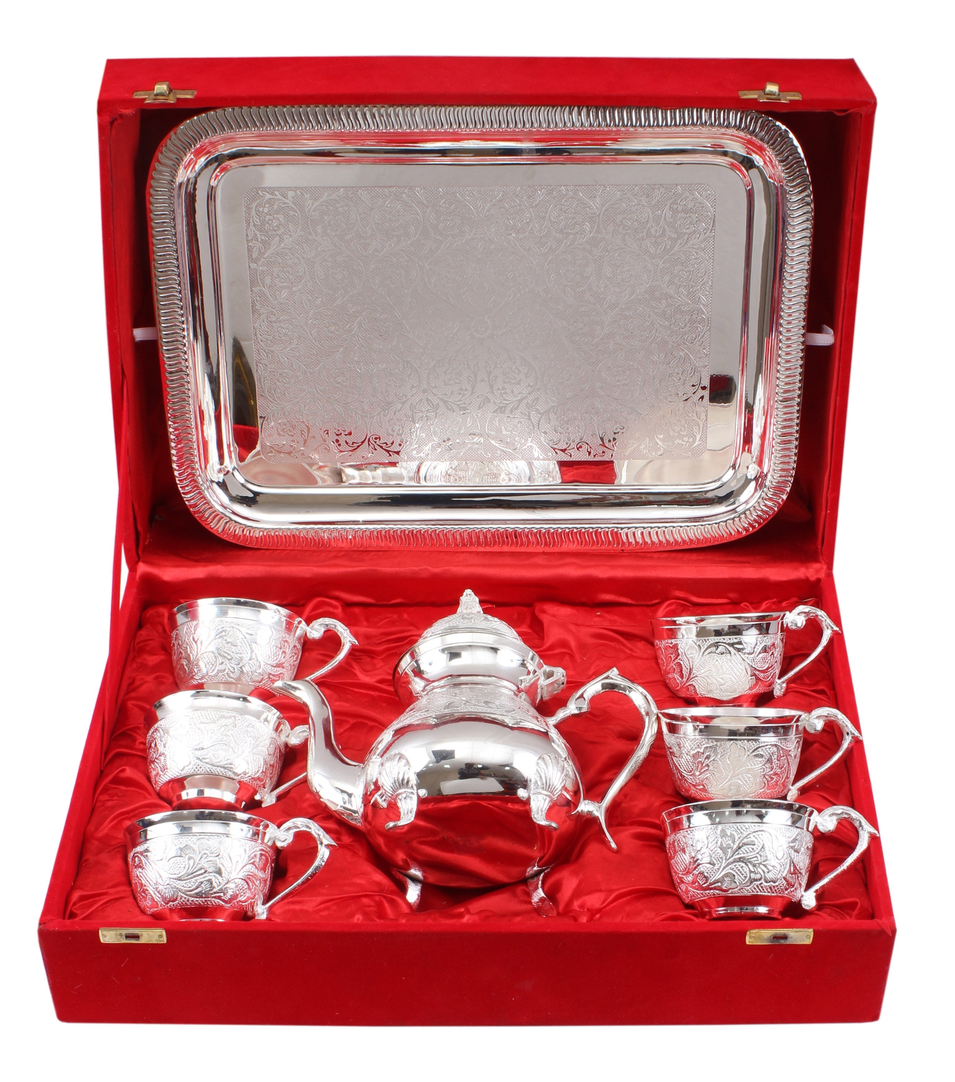 Handmade Pure Silver Plated Floral Design 1 Tea Pot with 6 Cups & 1 Tray