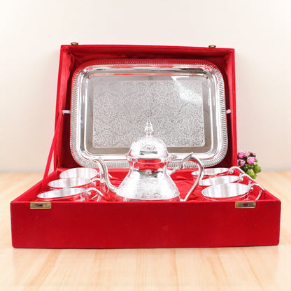 Handmade Pure Silver Plated Floral Design 1 Tea Pot with 6 Cups & 1 Tray