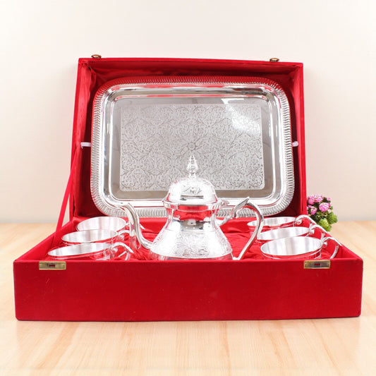 Handmade Pure Silver Plated Floral Design 1 Tea Pot with 6 Cups & 1 Tray