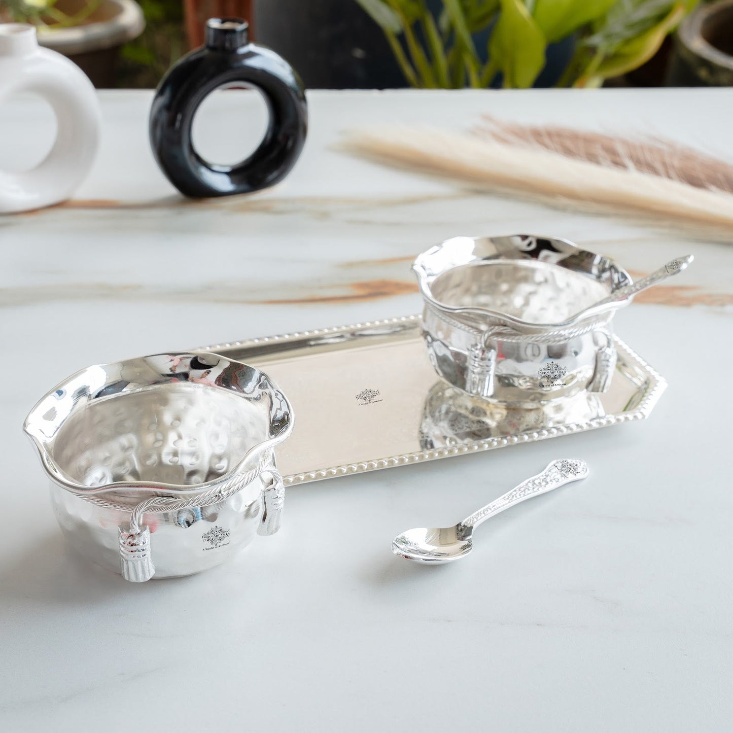 Handcrafted Pure Silver Plated Set of 2 Designer Bowl with 2 Spoon 1 Tray