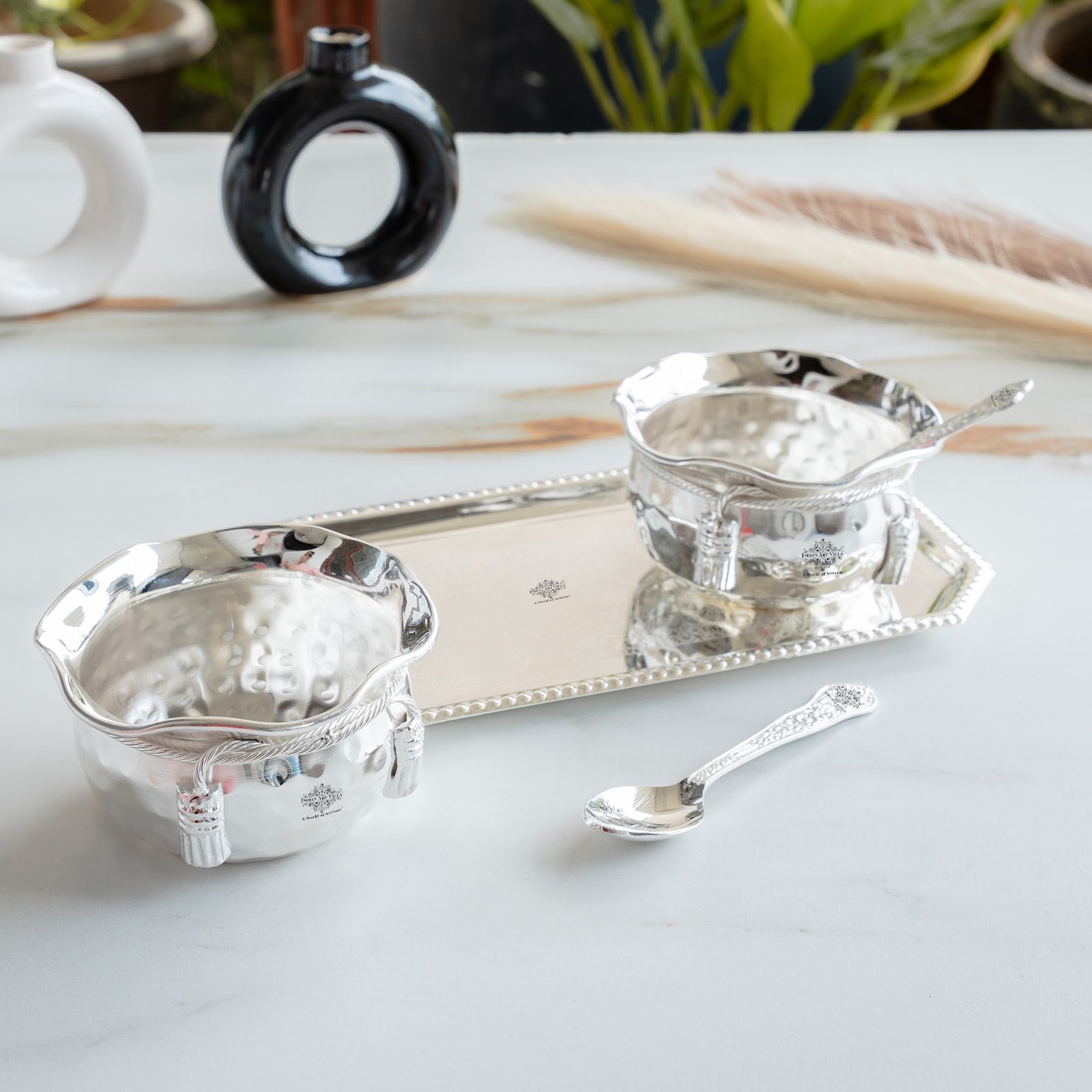 Handcrafted Pure Silver Plated Set of 2 Designer Bowl with 2 Spoon 1 Tray