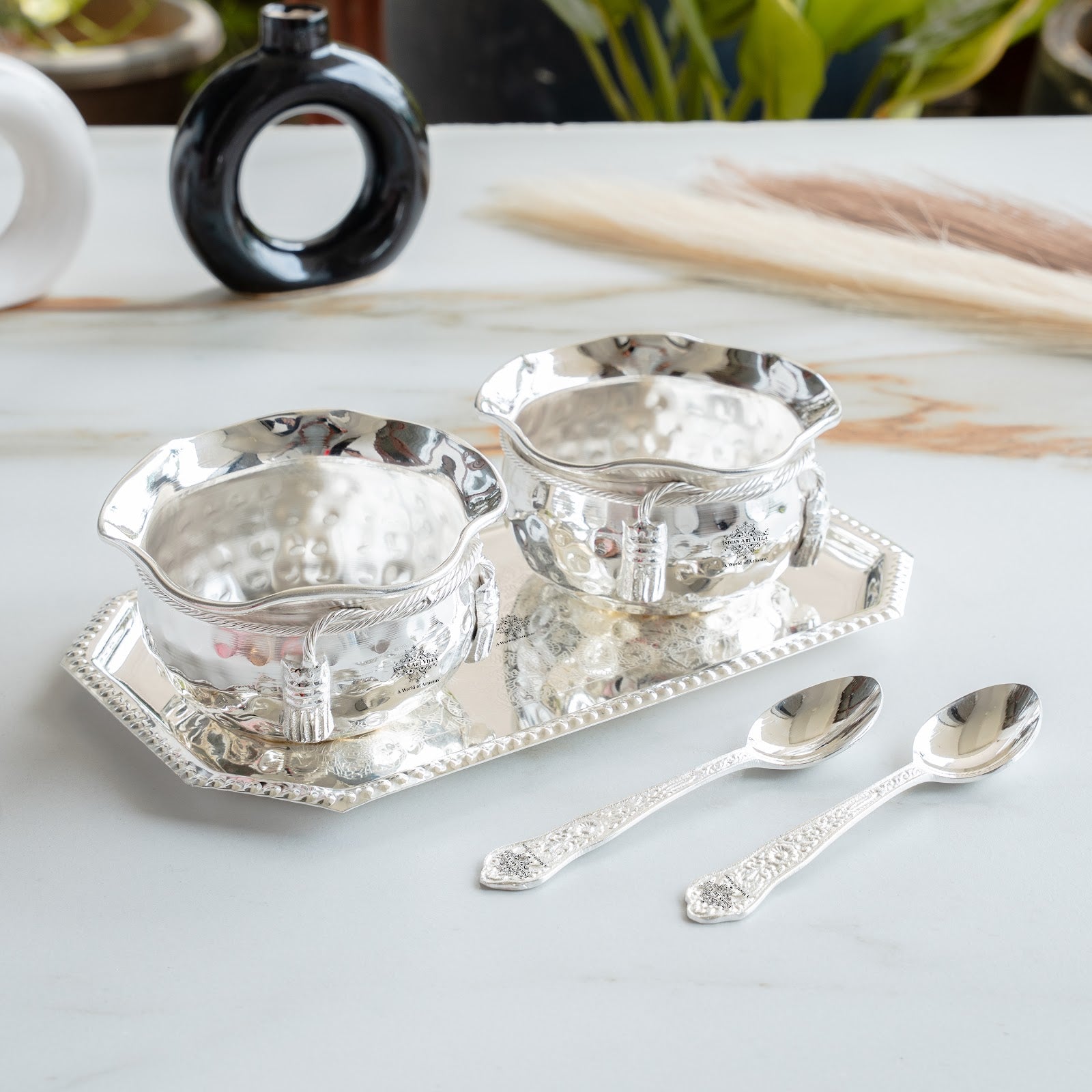 Handcrafted Pure Silver Plated Set of 2 Designer Bowl with 2 Spoon 1 Tray