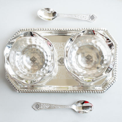 Handcrafted Pure Silver Plated Set of 2 Designer Bowl with 2 Spoon 1 Tray