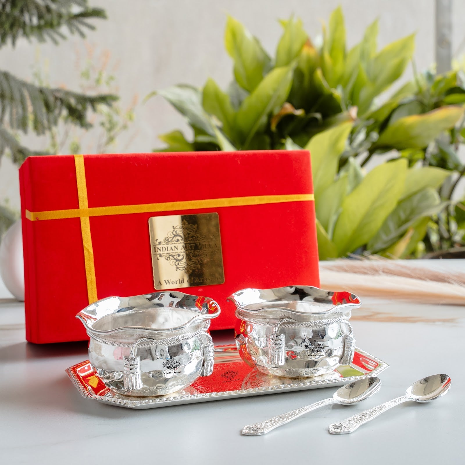 Handcrafted Pure Silver Plated Set of 2 Designer Bowl with 2 Spoon 1 Tray