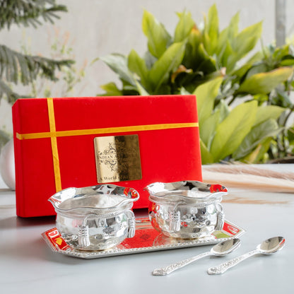 Handcrafted Pure Silver Plated Set of 2 Designer Bowl with 2 Spoon 1 Tray