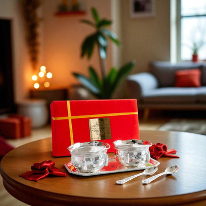 Handcrafted Pure Silver Plated Set of 2 Designer Bowl with 2 Spoon 1 Tray