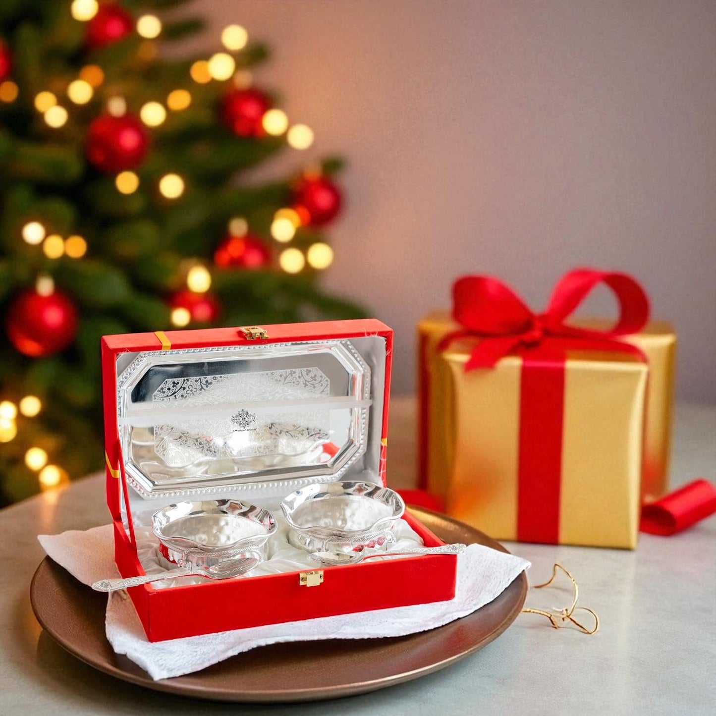 Handcrafted Pure Silver Plated Set of 2 Designer Bowl with 2 Spoon 1 Tray