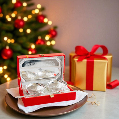 Handcrafted Pure Silver Plated Set of 2 Designer Bowl with 2 Spoon 1 Tray