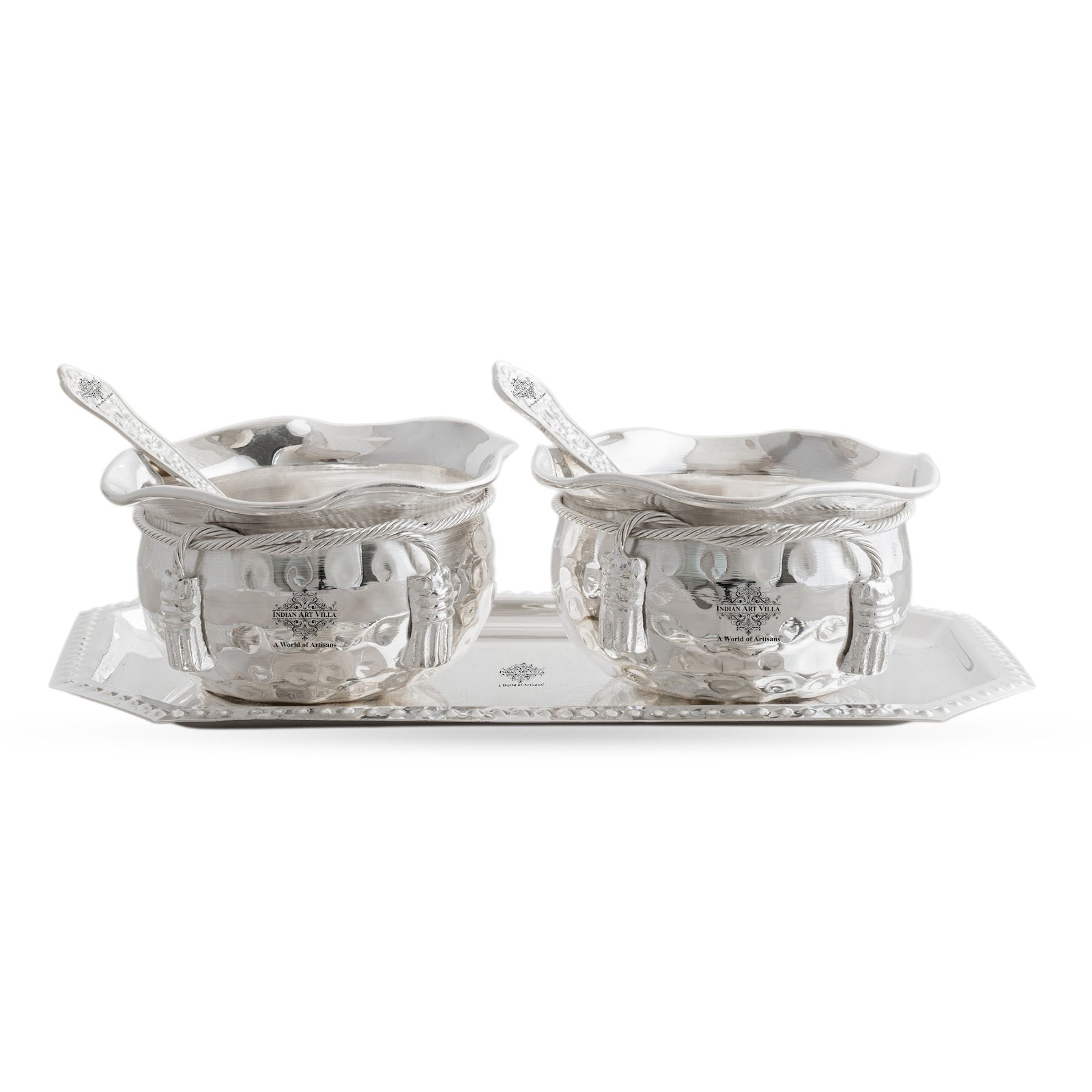 Handcrafted Pure Silver Plated Set of 2 Designer Bowl with 2 Spoon 1 Tray