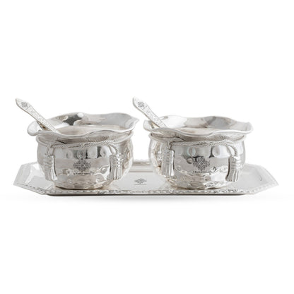 Handcrafted Pure Silver Plated Set of 2 Designer Bowl with 2 Spoon 1 Tray