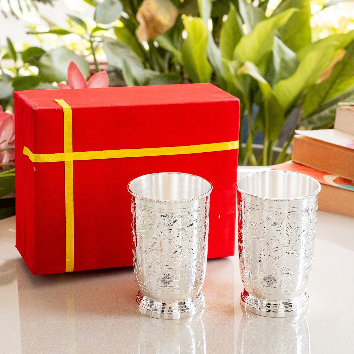 Handmade Designer Silver Plated Set of 2 Glass Goblet 250 ML each