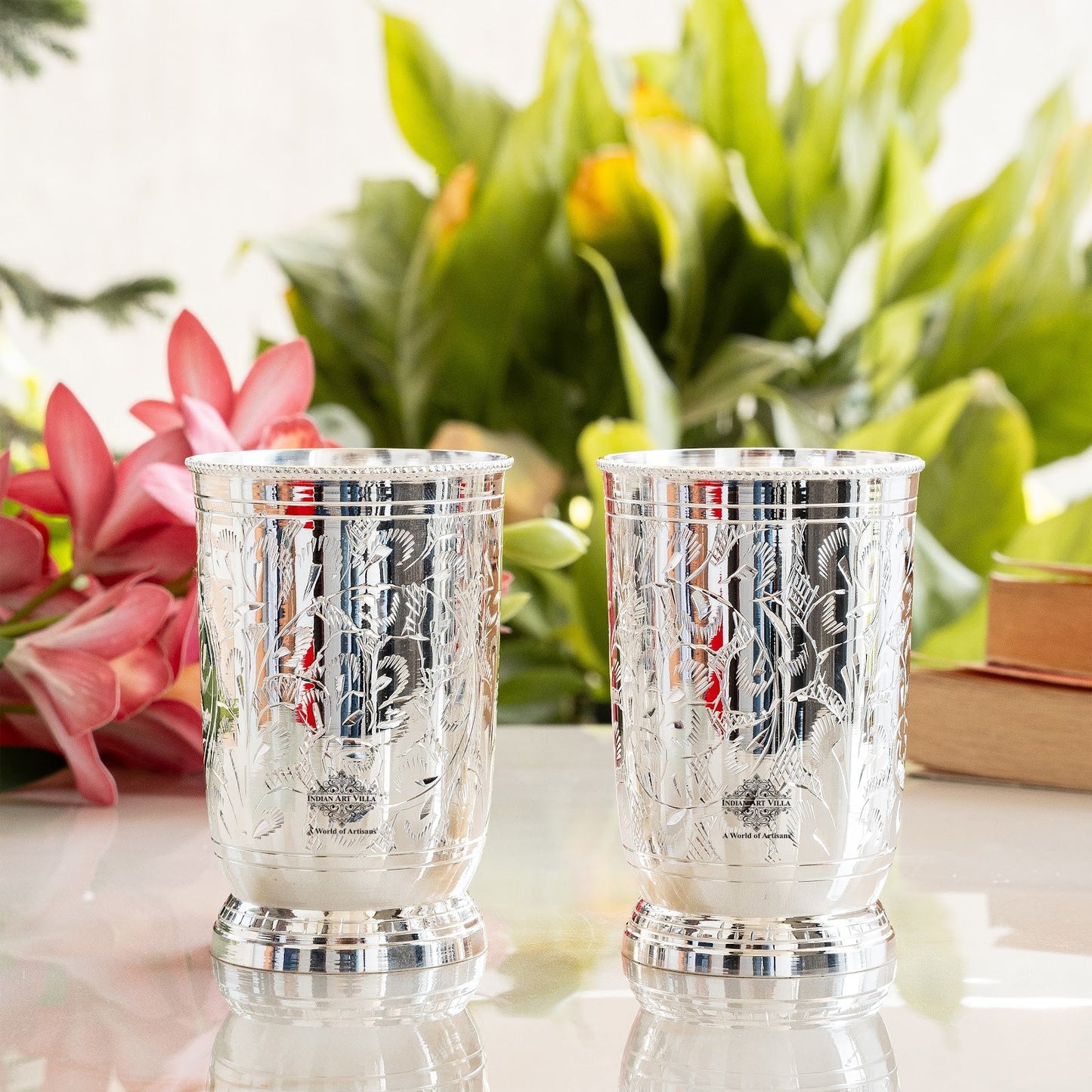 Handmade Designer Silver Plated Set of 2 Glass Goblet 250 ML each