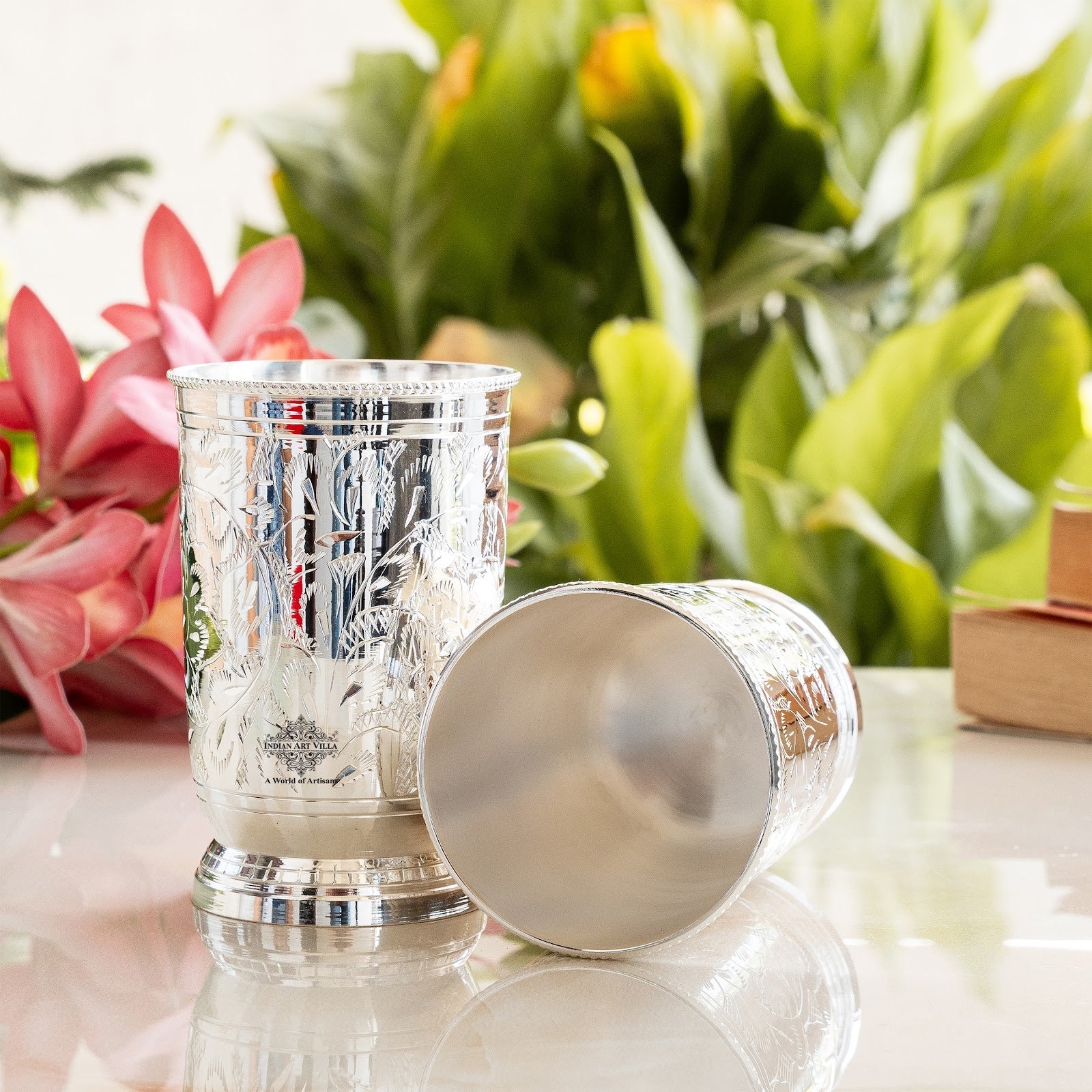 Handmade Designer Silver Plated Set of 2 Glass Goblet 250 ML each