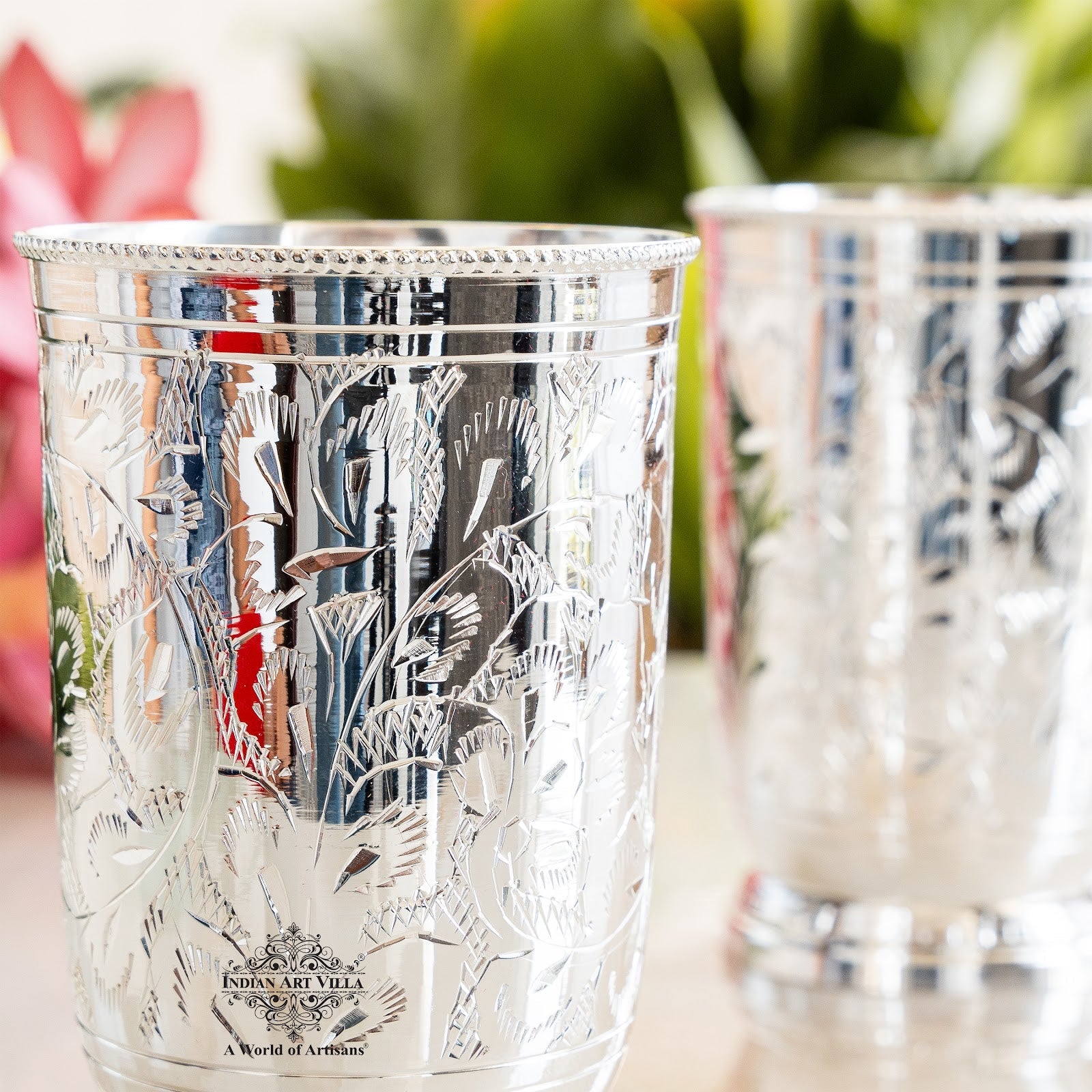 Handmade Designer Silver Plated Set of 2 Glass Goblet 250 ML each