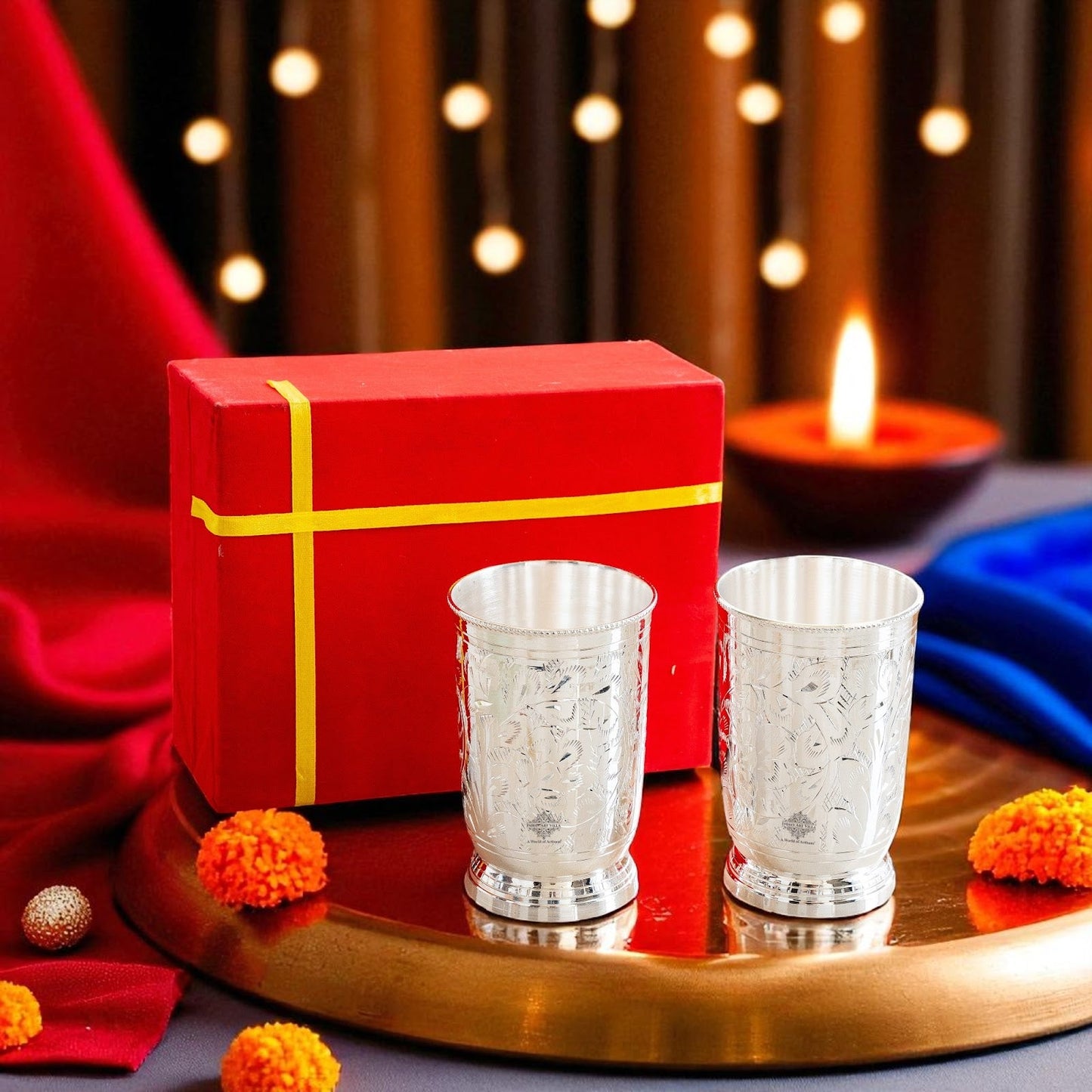 Handmade Designer Silver Plated Set of 2 Glass Goblet 250 ML each